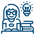 Icon cartoon graphic of person sitting at desk and smiling