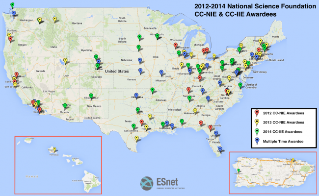 map showing science DMZs in the US