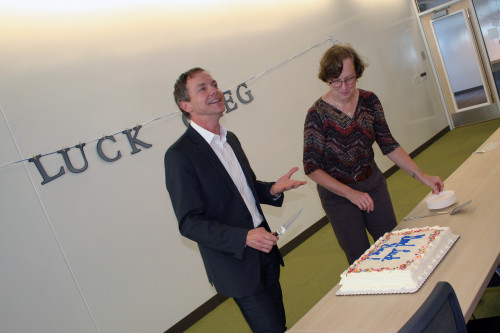 Greg Bell and Kathy Yelick with a celebratory cake