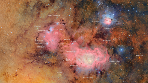 Wide-field image of a star field showing the Lagoon Nebula, Trifid Nebula, and various labeled deep sky objects in the Sagittarius constellation.