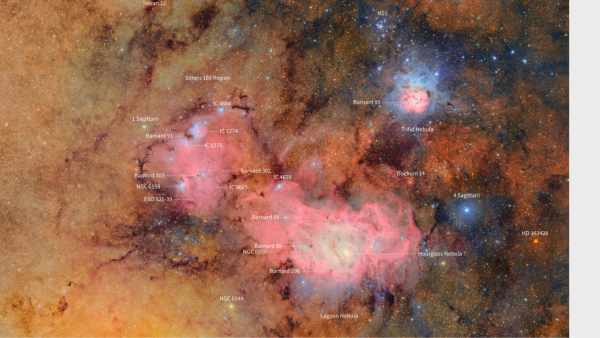 Wide-field image of a star field showing the Lagoon Nebula, Trifid Nebula, and various labeled deep sky objects in the Sagittarius constellation.