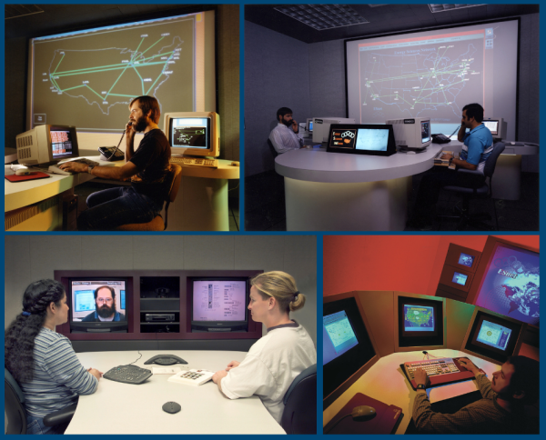 Collage of people in front of old computers