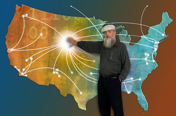 Man in front of map