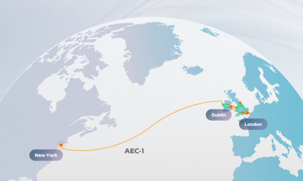 Map showing path of fiber between NY and Dublin and London 