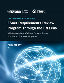 Cover of ESnet Requirements Review Program through the IRI Lens with glowing networked globe